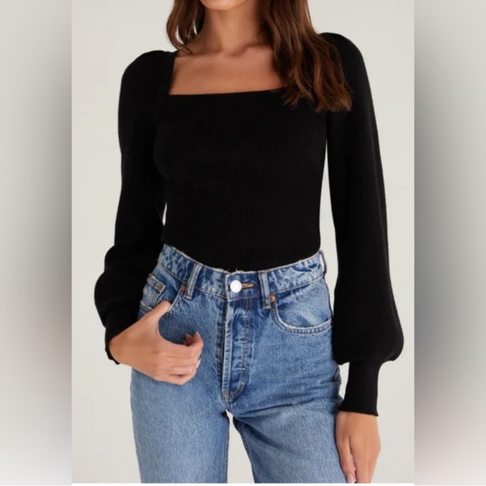 Z Supply Black Square Neck Puff Sleeve Sweater – Size M – Like New